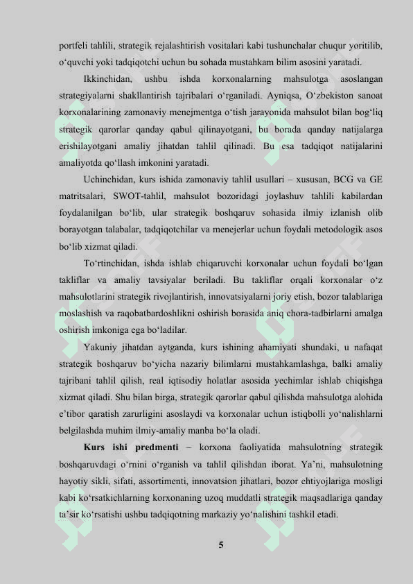 KORXONANI STRATEGIK BOSHQARISHDA MAHSULOTNING O‘RNI 5