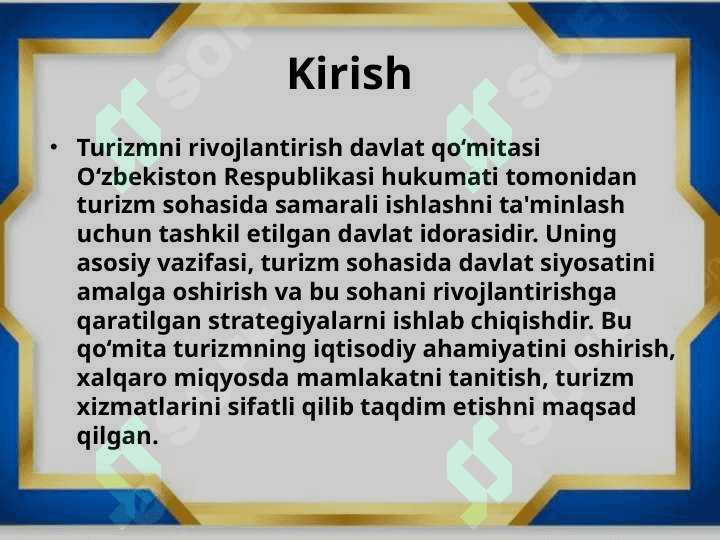 Turizmni rivojlantirish davlat qo’mitasining  vazifalari nimalardan iborat 2