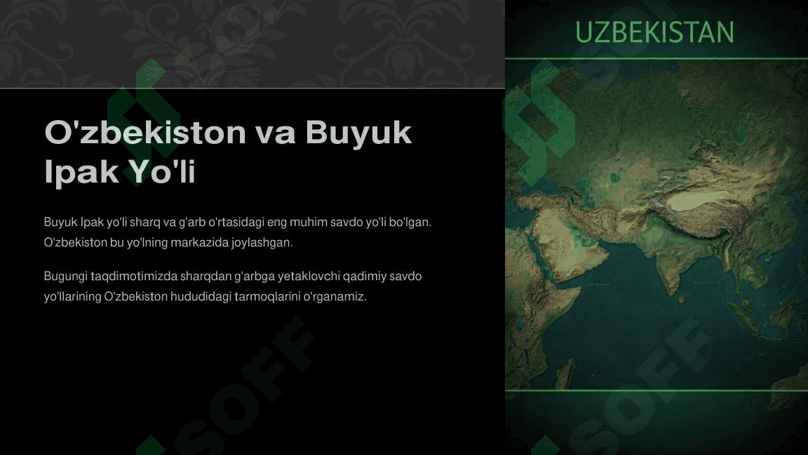 O‘ZBEKISTONNING QAYSI MINTAQALARIDAN «BUYUK IPAK YO‘LI»NING ASOSIY QISMI KESIB O‘TGAN MAVZUSIDA TAQDIMOT TEST VA KROSSVORD 3