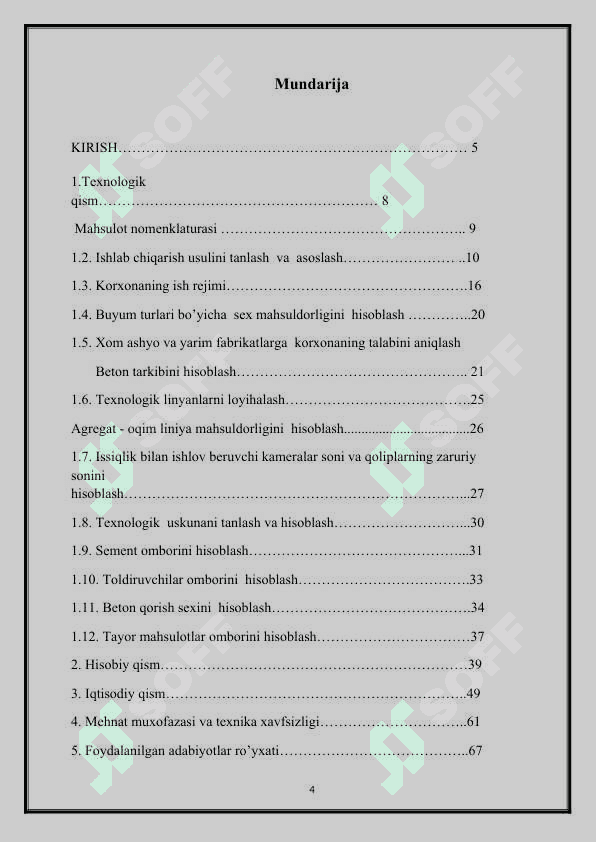 Ochiq maydon sharoitida temir-beton sanoat binolari uchun qovurg’ali plitalarini ishlab chiqirish korxonasini loyihalash maxsuldorlik 35 ming m3 4