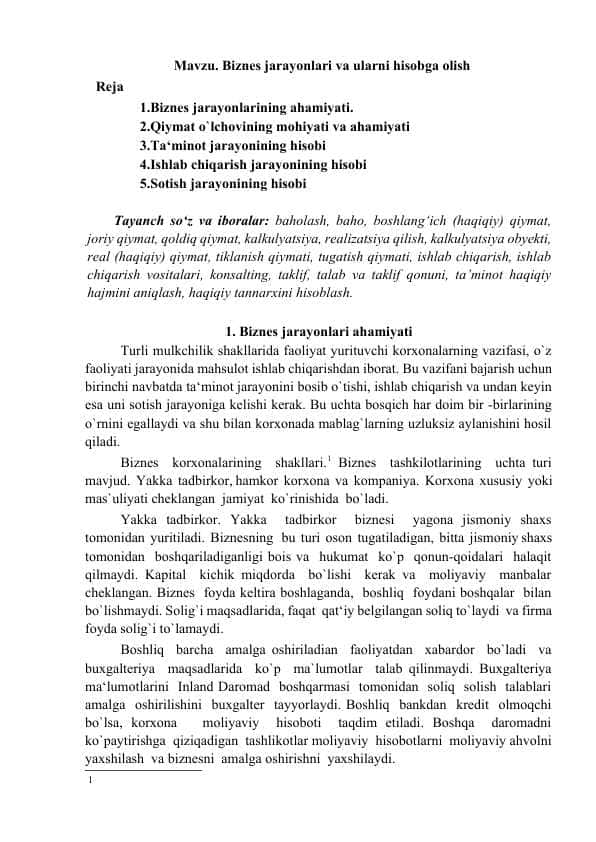 Biznes jarayonlari va ularni hisobga olish