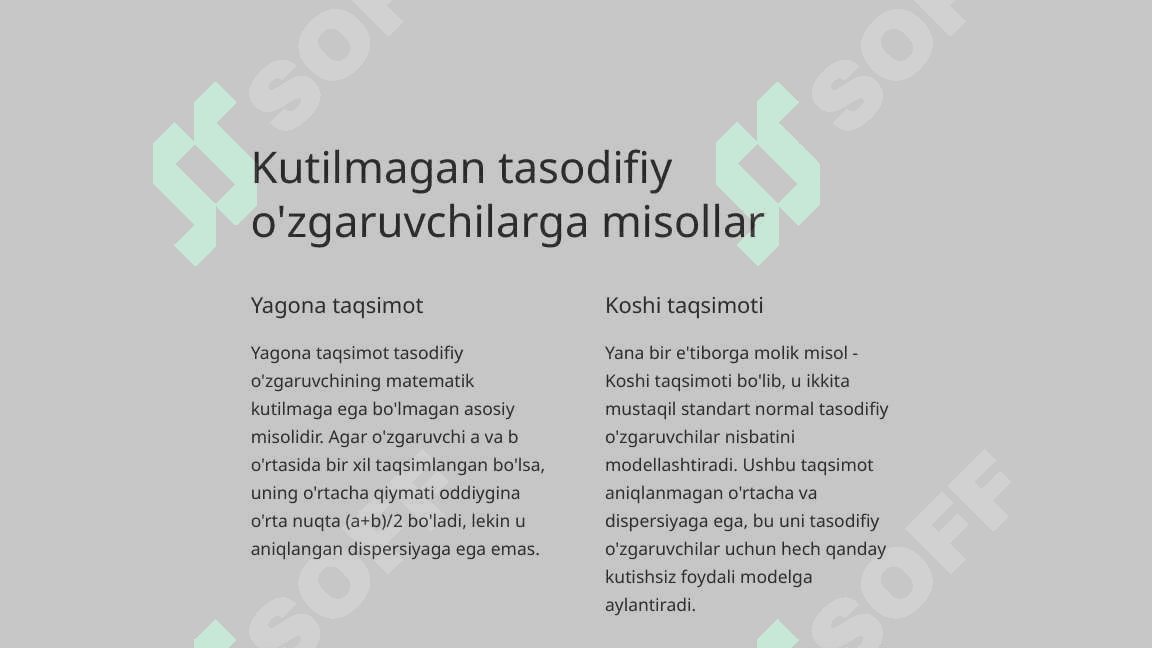 Matematik kutilma yoki dispersiyasi mavjud bo‘lmagan tasodifiy miqdorlarga misollar tuzish 3