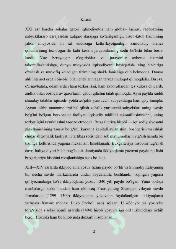 O‘zbekistonda buxgalteriya hisobi va auditning rivojlanishi Kurs ishi 2