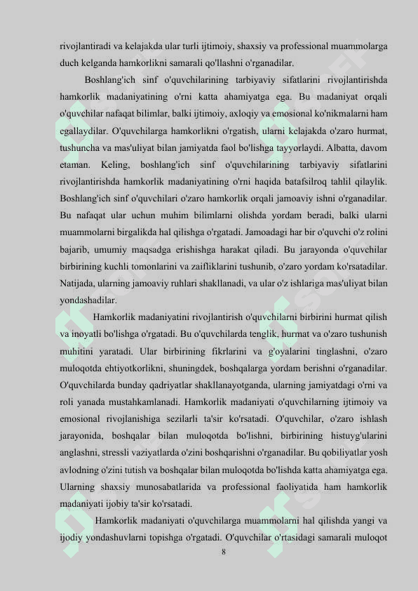 Hamkorlik madaniyati – boshlang’ich sinf o’quvchilarining tarbiyaviy sifatlarini rivojlantirish omili sifatida. 8