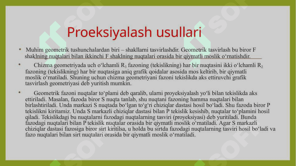 Markaziy va parallel proyektsiyalash ikki tekislikning perspektiv afttin mosligi 6