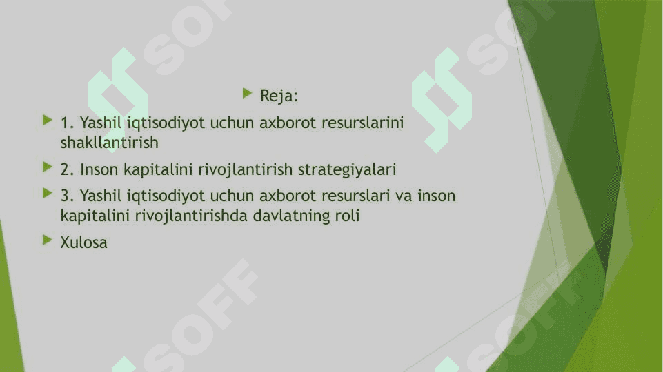“Yashil iqtisodiyot”ning axborot resurslari va  “yashil iqtisodiyot” uchun inson kapitalini rivojlantirish 2