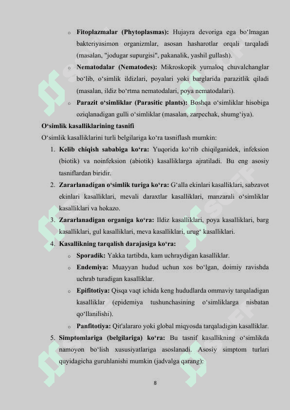 O‘simliklarda uchraydigan kasalliklar.Patogenlar 8