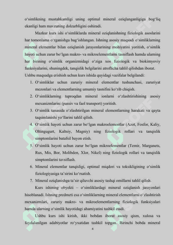 O‘simliklarda mineral oziqlanish fiziologiyasi. Makro va mikro elementlar. 4