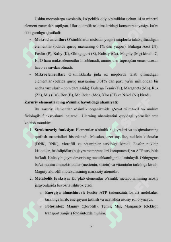 O‘simliklarda mineral oziqlanish fiziologiyasi. Makro va mikro elementlar. 7