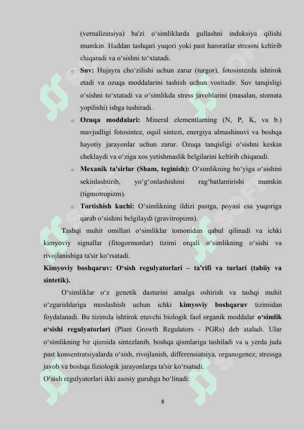 O‘simliklarning  o‘sishini  boshqaruvchi  moddalar. Fitogormonlar. 8