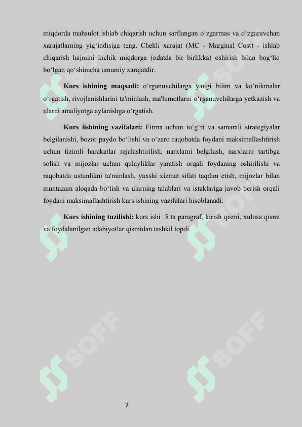 Raqobatlashgan bozorda qisqa muddatli oraliqda firma foydasini maksimallashtirish va uning taklifi 7
