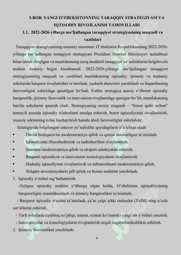 2022-2026-yillarga moʻljallangan Yangi Oʻzbekistonning taraqqiy strategiyasida iqtisodiyotni rivojlantirishning asosiy 4