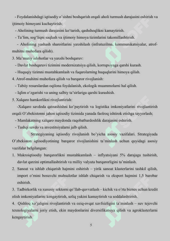2022-2026-yillarga moʻljallangan Yangi Oʻzbekistonning taraqqiy strategiyasida iqtisodiyotni rivojlantirishning asosiy 5