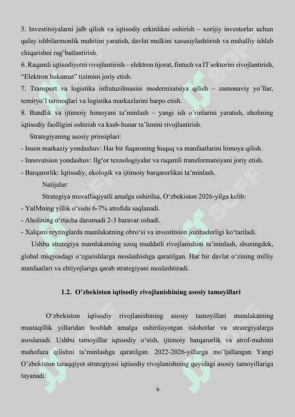 2022-2026-yillarga moʻljallangan Yangi Oʻzbekistonning taraqqiy strategiyasida iqtisodiyotni rivojlantirishning asosiy 6