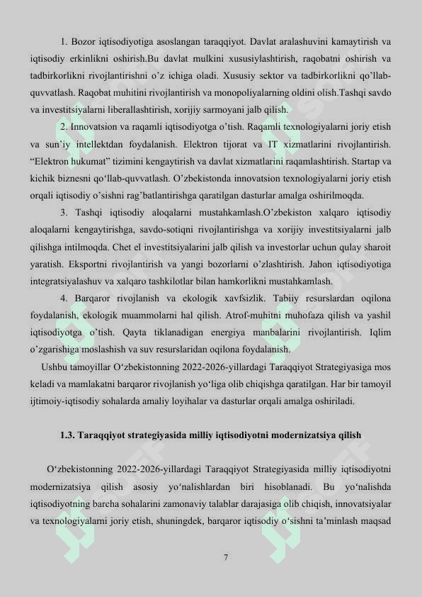 2022-2026-yillarga moʻljallangan Yangi Oʻzbekistonning taraqqiy strategiyasida iqtisodiyotni rivojlantirishning asosiy 7