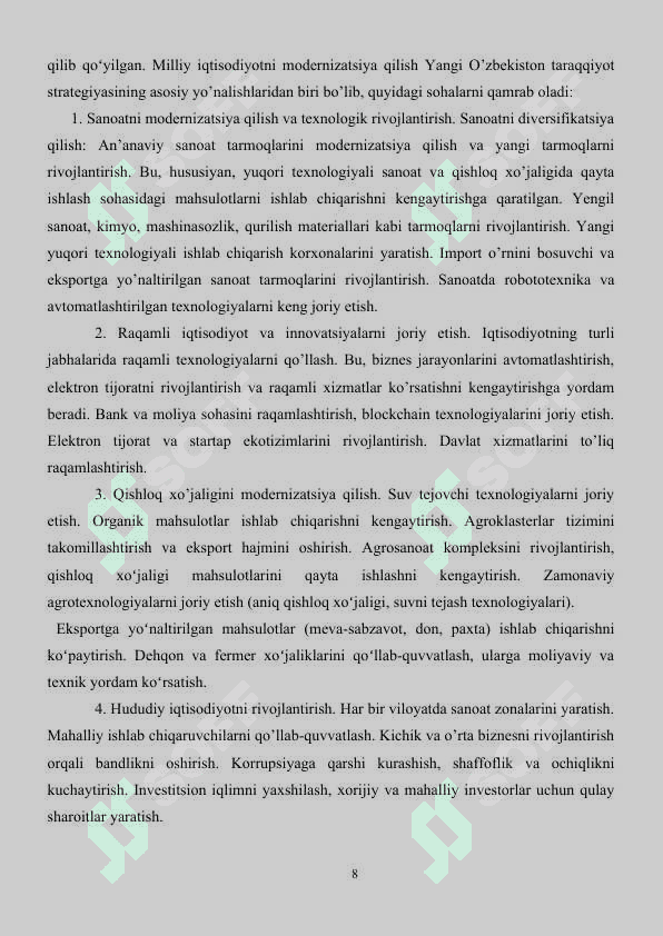 2022-2026-yillarga moʻljallangan Yangi Oʻzbekistonning taraqqiy strategiyasida iqtisodiyotni rivojlantirishning asosiy 8