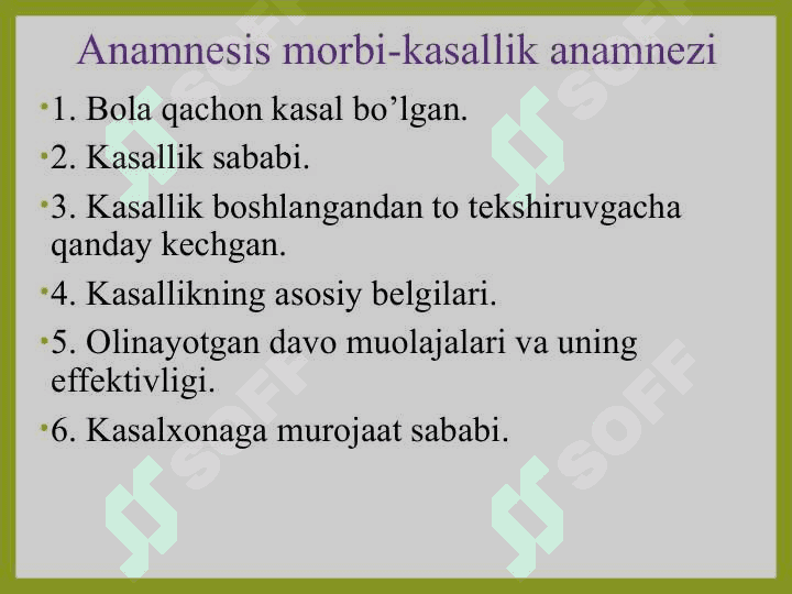 KASALLIK VA HAYOTIY ANAMNEZINI YIG'ISH (SHOSHILINCH BAHOLASH TUSHUNCHASI, ANAMNEZ YIG'ISH, SOG'LOM VA BEMOR BOLANI OBEKTIV TEKSHIRISH) 7