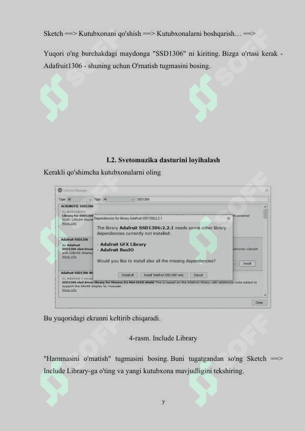 3x3x3 shaklda terilgan led lampalarda svetamuzika dasturini loyixalash va OLED SSD1306 ekranda muzikaga mos grafik tasvir  xosil qilish.” 7