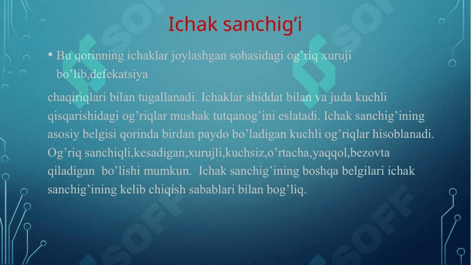 Qorindagi og’riq sindromi. Diagnostikasi. Mezenterial tomir trombozi. Ichak, Jigar, Buyrak sanchig’i. Shoshilinch yordam. UVASH taktikasi. 2