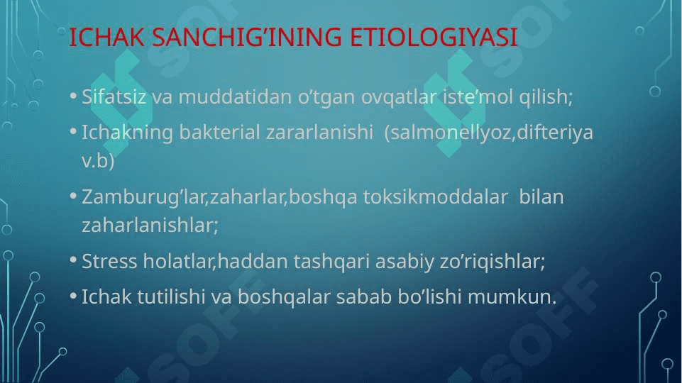 Qorindagi og’riq sindromi. Diagnostikasi. Mezenterial tomir trombozi. Ichak, Jigar, Buyrak sanchig’i. Shoshilinch yordam. UVASH taktikasi. 3