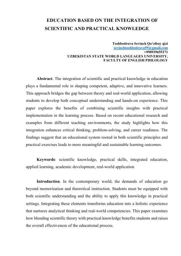 EDUCATION BASED ON THE INTEGRATION OF SCIENTIFIC AND PRACTICAL KNOWLEDGE