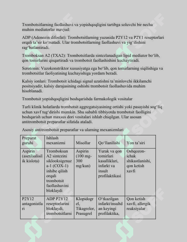 Qon ivish tizimini, trombotsitlar yopishqoqligi va fibrinolizni boshqarishdaqo‘llanadigan vositalar 8
