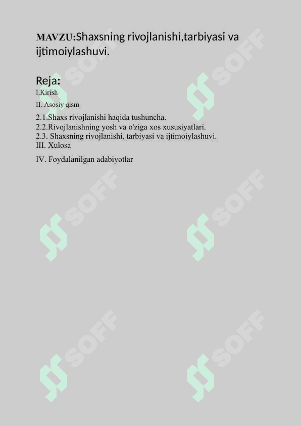Shaxsning rivojlanishi tarbiyasi va ijtimoiylashuvi 2