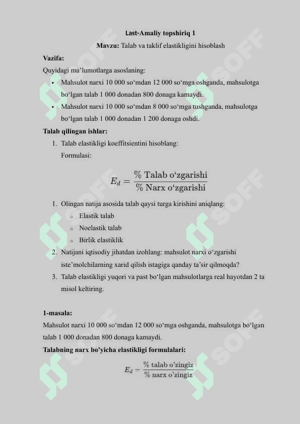 Talab va taklif elastikligini hisoblash 2