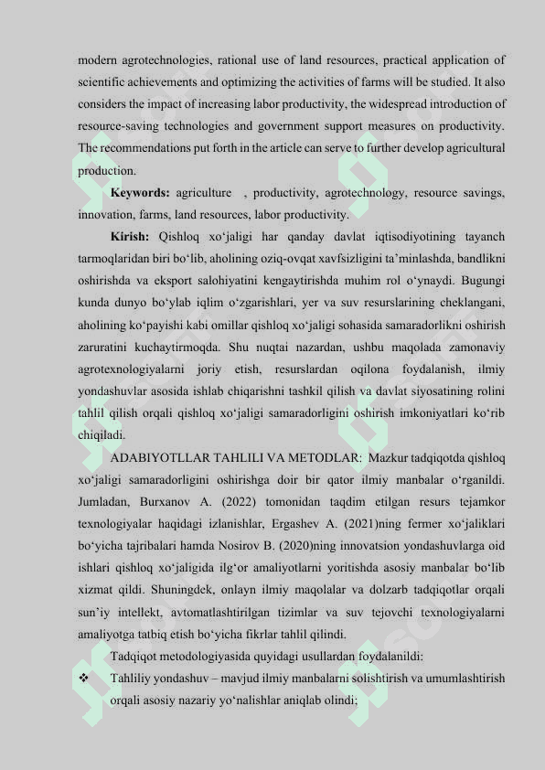 Qishloq xo'jaligi sohasida samaradorlikni oshirish yo'llari 2