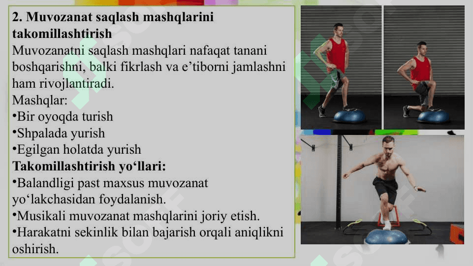 Tirmashib chiqish, muvozanat saqlash, uloqtirish, oddiy sakrashlar, erkin mashqlar, akrobatika mashqlarini o'rgatishni takomillashtirish 4