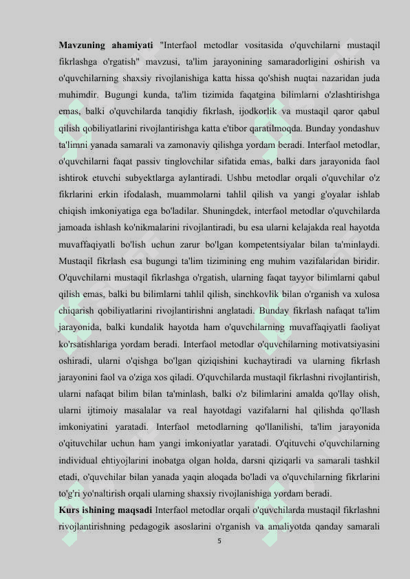 Interfaol metodlar vositasida o'quvchilarni mustaqil fikrlashga o'rgatish 5