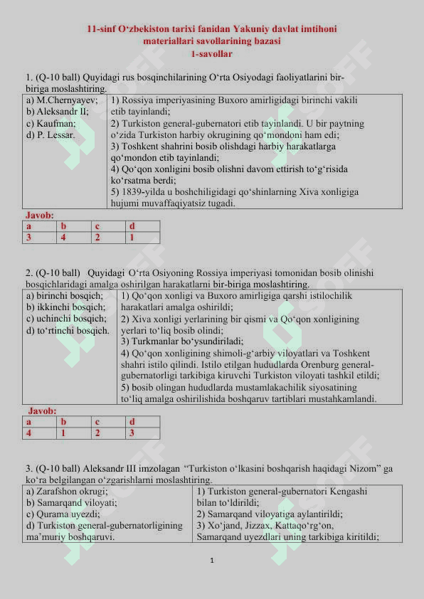 11-SINF O‘QUVCHILARI UCHUN O‘ZBEKISTON TARIXI FANIDAN YAKUNIY ATTESTATSIYASINI O‘TKAZISH BO‘YICHA METODIK TAVSIYA VA MATERIALLAR HAMDA JAVOBLARI 2