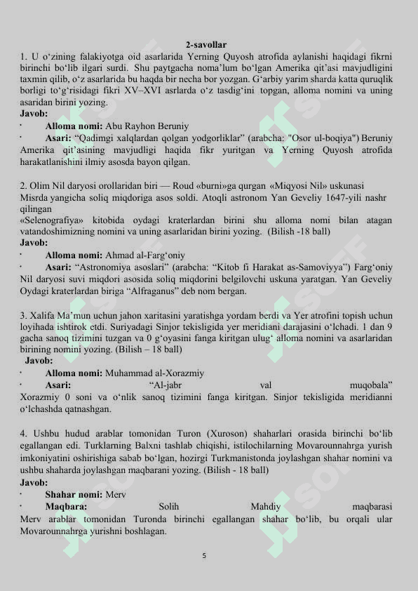 9-SINF O‘QUVCHILARI UCHUN O‘ZBEKISTON TARIXI FANIDAN YAKUNIY ATTESTATSIYASINI JAVOBLARI 6