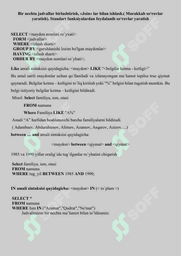 Ma’lumotlar bazasini yaratish. SQL tilida jadvallar yaratish, o‘zgartirish va o‘chirish. Ma’lumotlarni tanlash va ular ustida amallar. AND, OR, NOT mantiqiy stanndart so‘zlardan foydalanish. Ma’lumotlarni saralash. Where standart so‘zidan foydalanish. 2