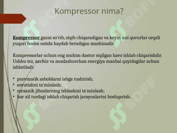Porshenli, markazdan qochma va vintli kompressorlarga texnik xizmat ko'rsatish va ta'mirlash 2