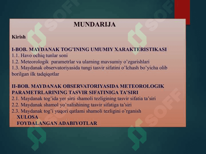 MAYDANAK OBSERVATORIYASIDA METEOROLOGIK PARAMETRLARINING TASVIR SIFATIGA TA’SIRINI  O’RGANISH 2