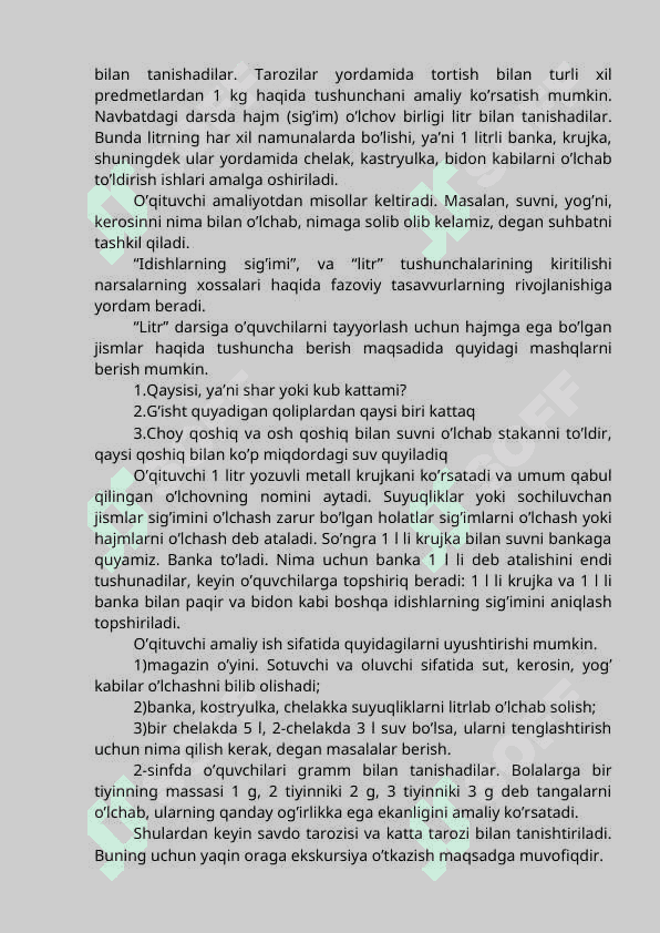 Miqdorlarni oʻlchash,oʻlchov birliklarining turlari orosidagi bogʻliklar va ular ustida(ism sonlar ustida ) amallar bajarishga oʻrgatish metodikasi 5