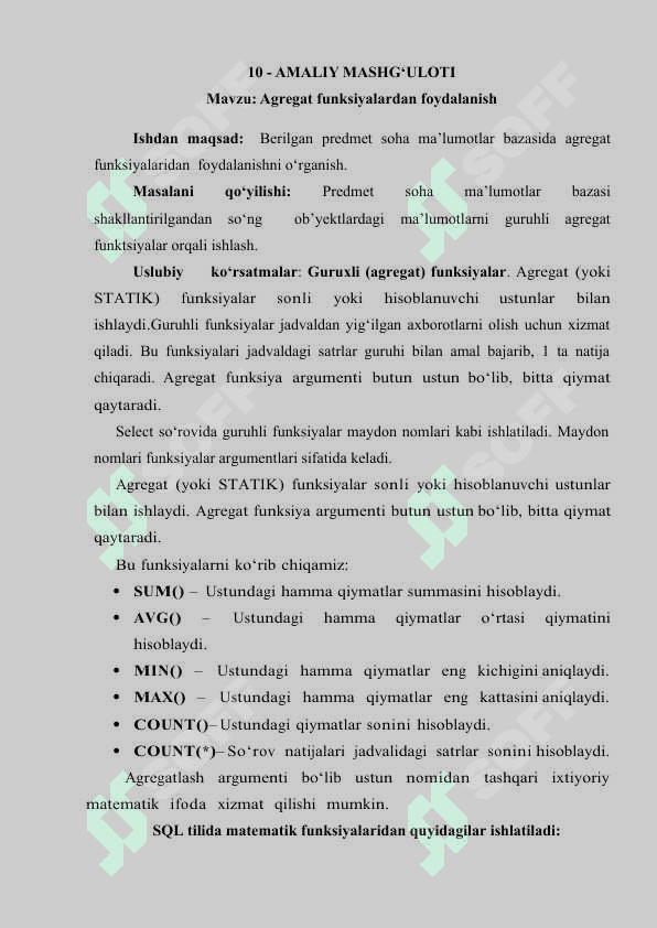 Maʼlumotlar bazasi SQL operatorlarining ishlatilishi 2