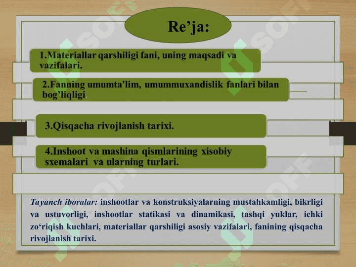 MATERIALLAR QARSHILIGI FANINING  ASOSIY PRINSIP VA FARAZLARI. SHARNIRLI QO‘ZG‘ALUVCHAN, SHARNIRLI QO‘ZG‘ALMAS VA BIKIR QISTIRILGAN TAYANCHLAR. TASHQI KUCHLAR - ULARNING TURLARI VA O‘LCHOV BIRLIKLAR 2