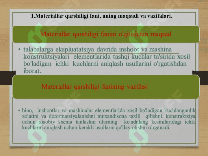 MATERIALLAR QARSHILIGI FANINING  ASOSIY PRINSIP VA FARAZLARI. SHARNIRLI QO‘ZG‘ALUVCHAN, SHARNIRLI QO‘ZG‘ALMAS VA BIKIR QISTIRILGAN TAYANCHLAR. TASHQI KUCHLAR - ULARNING TURLARI VA O‘LCHOV BIRLIKLAR 4