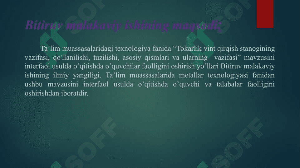 Tokarlik vint qirqish stanogining vazifasi, qo'llanilishi, tuzilishi,  asosiy qismlari va ularning  vazifasi” 3