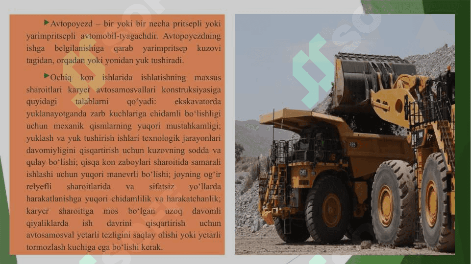 Karyer avtomobil transporti tuzilishi va asosiy qismlari. AvtosamosvallarKaryer avtomobil transporti tuzilishi va asosiy qismlari. Avtosamosvallar 3