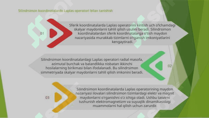 Laplas operatorining silindrik va sferik koordinatalarda ifodalanishi. Maydonlar nazariyasining tadbiqi 2