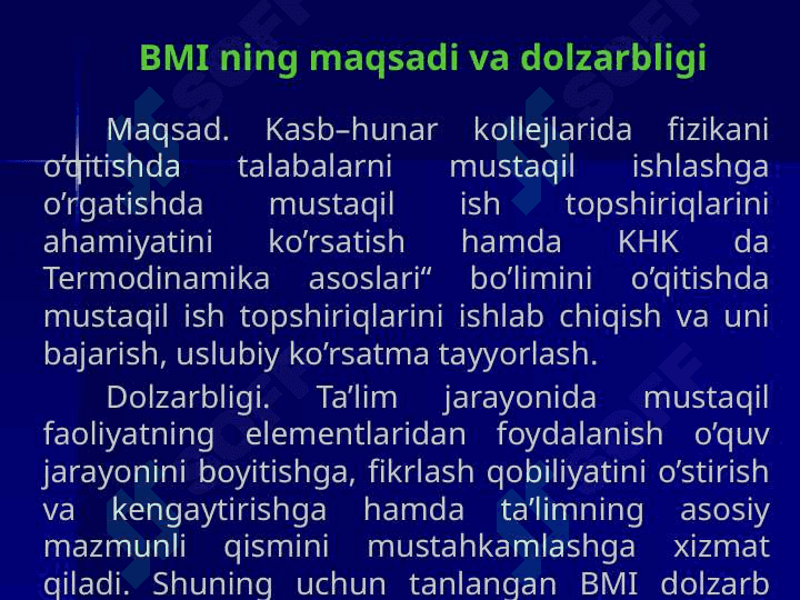 KHKlarida “termodinamika asoslari” bo’limini o’qitishda talabalar mustaqil ishlarini tashkil etish 3