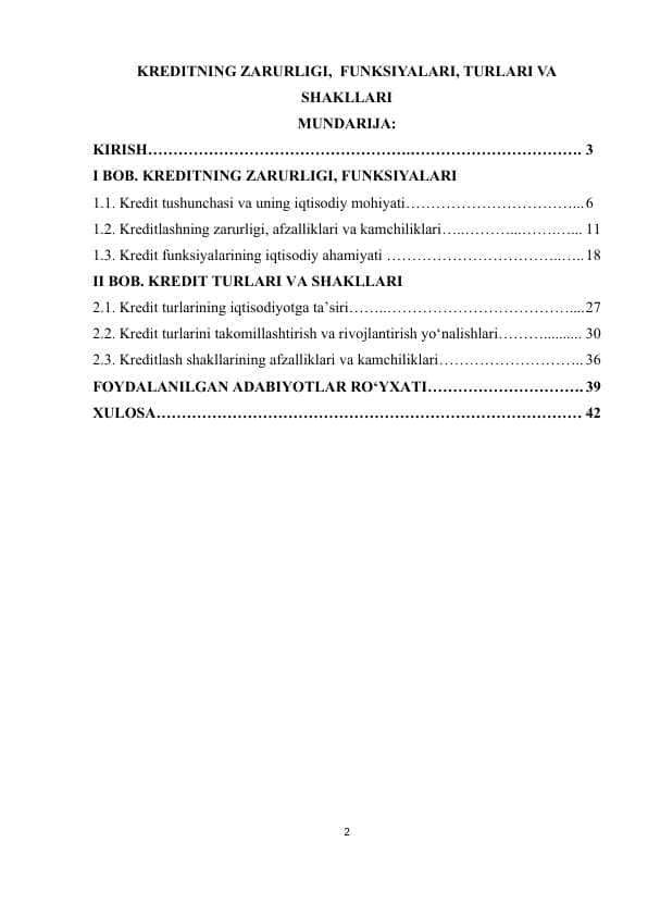 KREDITNING ZARURLIGI,  FUNKSIYALARI, TURLARI VA SHAKLLARI