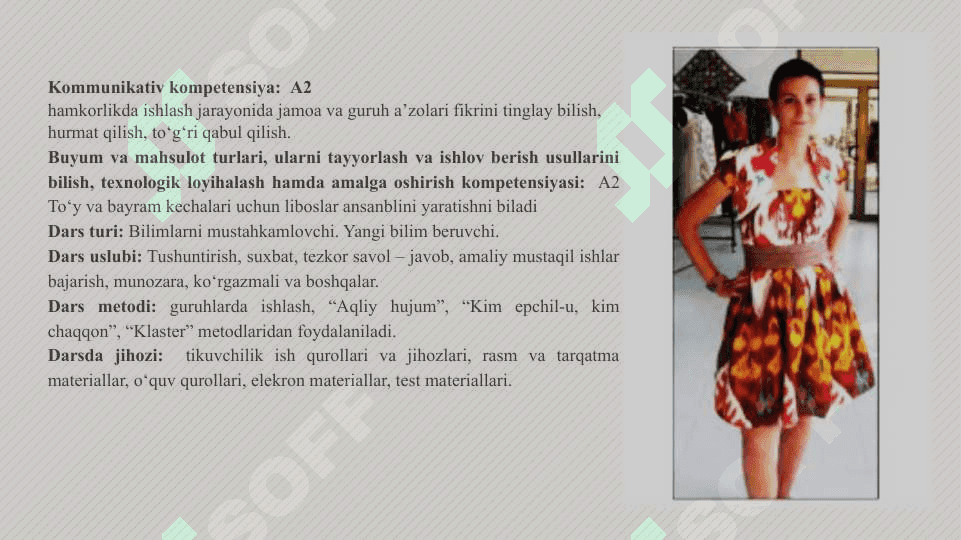 Kiyim haqida umumiy ma’lumot. Tikiladigan kiyim uchun gazlama va fason tanlash. To‘y va bayram kechalari uchun liboslar ansamblini yaratish 4