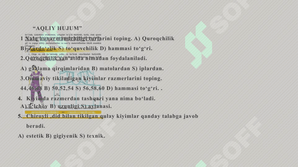 Kiyim haqida umumiy ma’lumot. Tikiladigan kiyim uchun gazlama va fason tanlash. To‘y va bayram kechalari uchun liboslar ansamblini yaratish 6