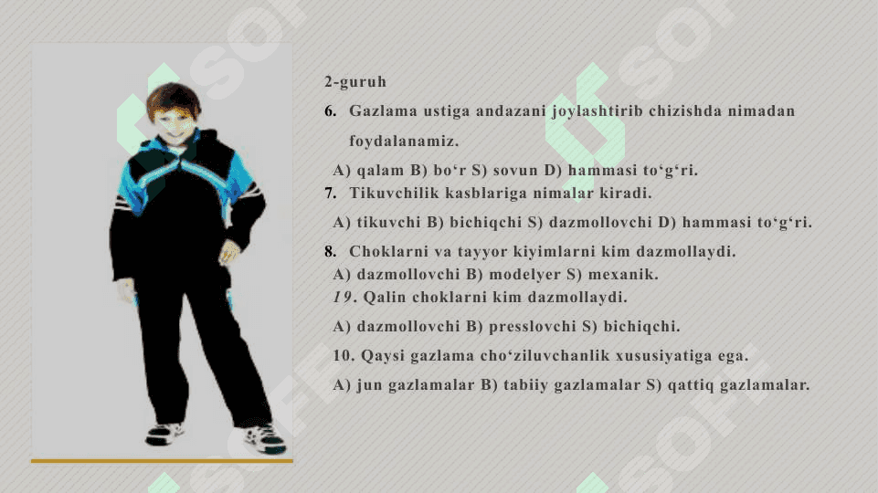 Kiyim haqida umumiy ma’lumot. Tikiladigan kiyim uchun gazlama va fason tanlash. To‘y va bayram kechalari uchun liboslar ansamblini yaratish 7