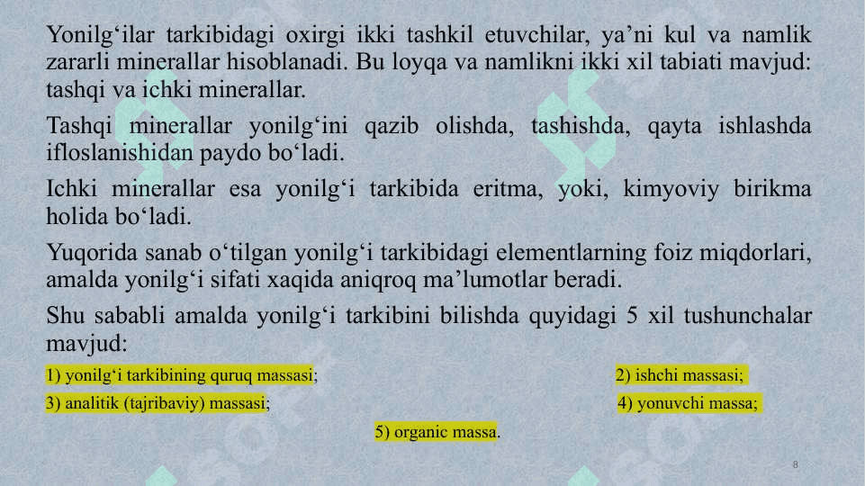 SUYUQ YONILG’ILARNING XUSUSIYATLARI VA ULARNI BAHOLASH USULLARI 8