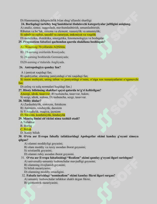 Falsafa fanidan test savollari va javoblari 3